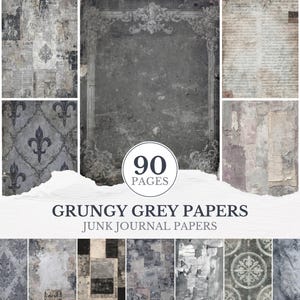Puede incluir: Un collage de texturas de papel gris grunge, que incluye vetas de madera, patrones de damasco y fondos envejecidos. La imagen presenta un gráfico circular central con el texto "90 PAGES" y las palabras "GRUNGY GREY PAPERS" y "JUNK JOURNAL PAPERS".