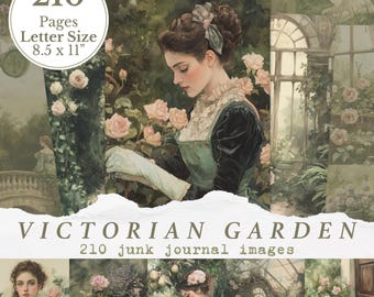 Diario di giardino vittoriano vintage stampabile, carta digitale per giardinaggio botanico, pagine di diario floreale con rose e dame vittoriane sullo sfondo