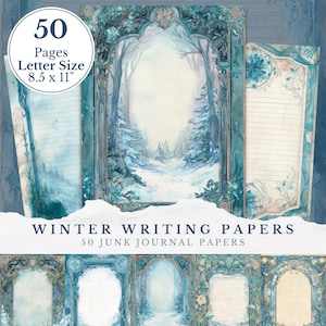 Könnte beinhalten: Winterliche Schreibpapiere mit Aquarelldesign. Die Papiere zeigen eine verschneite Waldszene und verzierte tealfarbene Rahmen. Das Set enthält 50 Seiten im Letter-Format (21,6 x 27,9 cm), perfekt für Junk-Journals und kreative Schreibprojekte.
