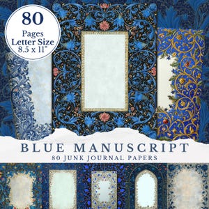 Blue Manuscript Paper, Medieval Scrapbook, Illuminated Frame, Aged Digital Paper, Fantasy Junk Journal, Ornamental Marginalia, Gothic Pages