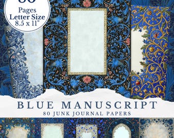 Blue Manuscript Paper, Medieval Scrapbook, Illuminated Frame, Aged Digital Paper, Fantasy Junk Journal, Ornamental Marginalia, Gothic Pages