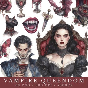 Può includere: Illustrazioni ad acquerello a tema vampiri. Include una donna in abito nero, un uomo con occhi rossi, un gatto nero, un pipistrello, un pugnale e denti da vampiro. Il testo "VAMPIRE QUEENDOM" è in basso.