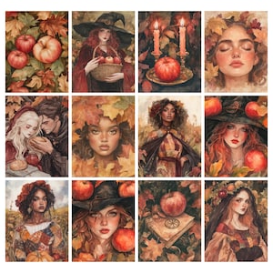 May include: A collection of watercolor art prints featuring autumnal themes. The images showcase portraits of women, apples, and fall foliage. The color palette includes warm tones of red, orange, and brown, evoking a cozy, seasonal atmosphere.