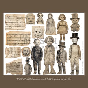 May include: A collage of vintage-style ephemera featuring antique dolls, doll faces, and aged sheet music. The dolls are in various poses and attire, with a muted color palette of beige, brown, and cream. The text "MYSTICPAPERS Haunted Dolls Ephemera" is visible.