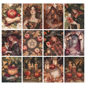 May include: A collection of watercolor art prints featuring autumnal themes. The images depict witches, apples, a cottage, and fall foliage in warm tones of red, orange, and brown. Some prints include candles, a pentagram, and a fox.