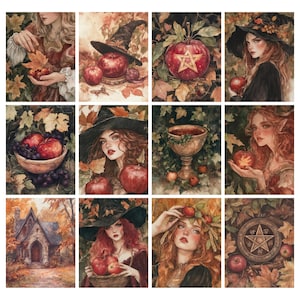 May include: A collection of watercolor illustrations featuring autumnal themes. The images showcase red apples, fall foliage, witches, and a small cottage. Some images include a pentagram, a chalice, and a basket of grapes.