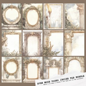 May include: A collection of watercolor illustrations featuring ornate frames, columns, and classical figures. The frames are in various shapes, including round and rectangular, with gold and beige tones. The text "EVEN MORE PAGES INSIDE THE BUNDLE" is visible.