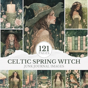 Puede incluir: Un collage digital de ilustraciones en acuarela con mujeres, velas, mariposas y libros. También se ve el texto "Celtic Spring Witch Junk Journal Images" y "121 Pages". Las imágenes tienen una estética suave y etérea.