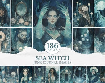Sea Witch Junk Journal, Dark Ocean Ephemera, Gothic Mermaid Scrapbook Pages