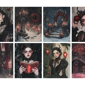 May include: A collection of eight watercolor paintings with a gothic theme. The images feature women in dark attire, candles, and winter scenes with red accents. The artwork evokes a mysterious and elegant atmosphere, suitable for wall decor.