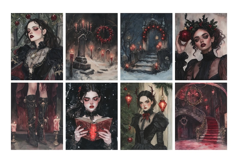 May include: A collection of eight watercolor paintings with a gothic theme. The images feature women in dark attire, candles, and winter scenes with red accents. The artwork evokes a mysterious and elegant atmosphere, suitable for wall decor.