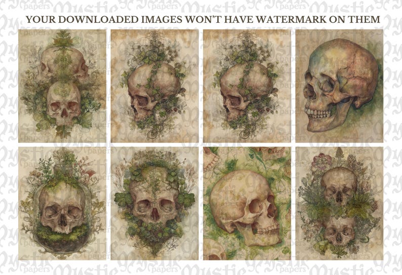 May include: A collection of eight watercolor illustrations featuring skulls. The skulls are depicted in various compositions, some adorned with foliage and plants. The color palette includes earthy tones of brown, green, and beige, with the text "YOUR DOWNLOADED IMAGES WON'T HAVE WATERMARK ON THEM".