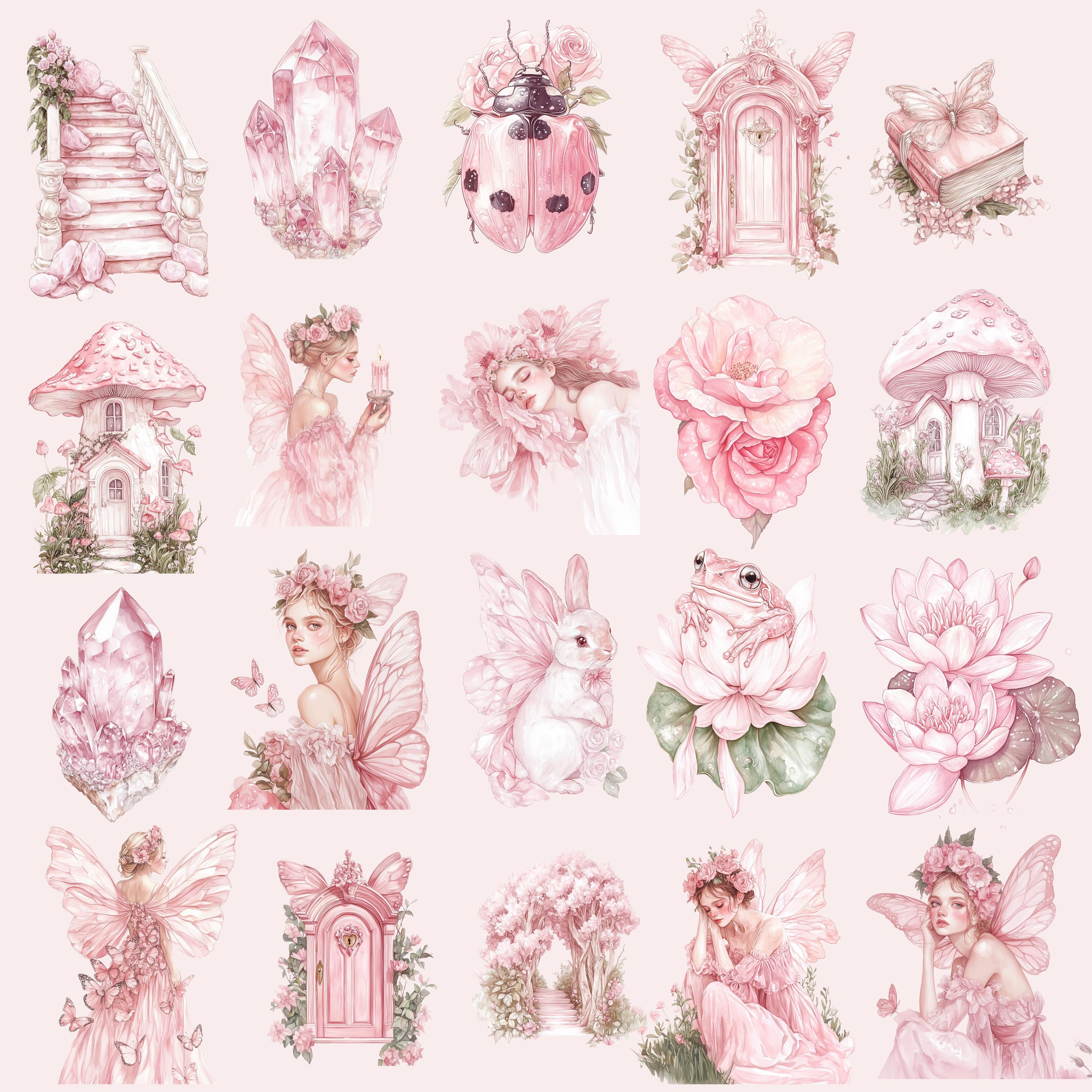 Pink Watercolor Fairy Garden Clipart Bundle, Magical Spring Garden ...