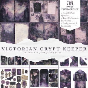 Può includere: Un kit di diario spazzatura a tema vittoriano con un'estetica gotica. Il kit include 38 pagine stampabili con doppie pagine, tag, efemeridi, buste, sfondi ed elementi botanici. La tavolozza dei colori presenta sfumature di viola e grigio.