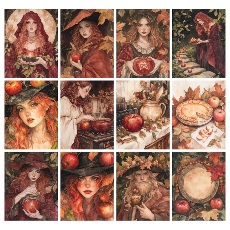 May include: A collection of watercolor illustrations featuring red-haired figures in autumnal settings. The images depict witches, apples, and fall foliage, with warm tones of red, orange, and brown. The artwork evokes a mystical and seasonal theme.