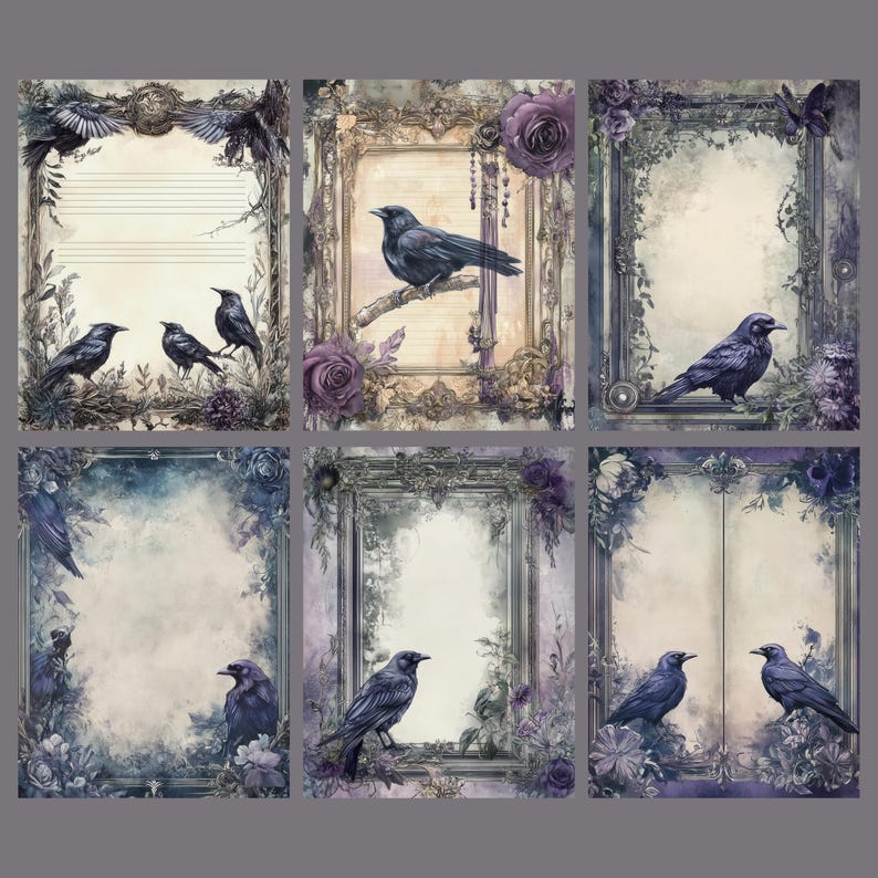 Op de afbeelding: Zes afdrukbare digitale papieren met sierlijke frames met aquarel achtergronden en zwarte kraaien. De frames zijn versierd met paarse bloemen en wijnstokken.