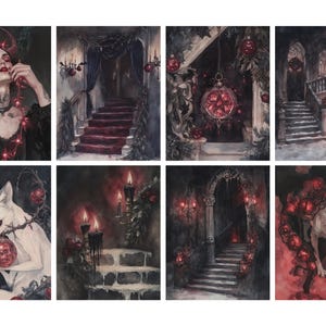 May include: A collection of eight gothic-themed art prints. The images feature a woman with horns, staircases, a white fox, and a white wolf, all with a dark, red, and black color palette. The prints evoke a sense of mystery and fantasy.