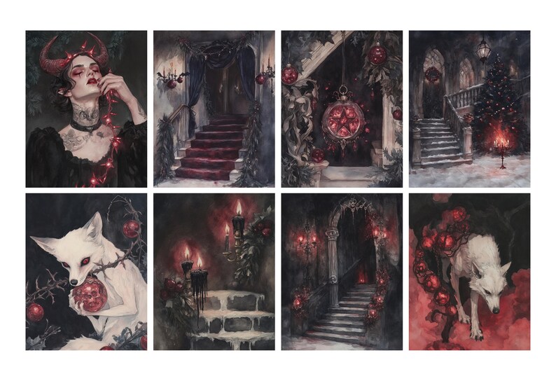 May include: A collection of eight gothic-themed art prints. The images feature a woman with horns, staircases, a white fox, and a white wolf, all with a dark, red, and black color palette. The prints evoke a sense of mystery and fantasy.