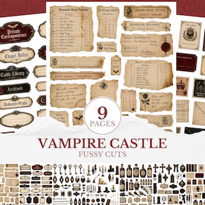 May include: A collection of nine pages of printable paper ephemera featuring vampire castle themes. The set includes vintage-style labels, ledger sheets, envelopes, wax seals, keys, potion bottles, and bat motifs in shades of cream, brown, and dark red.