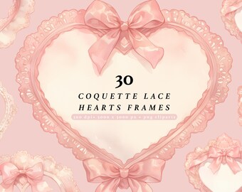 Pink Coquette Heart Frame Clipart Set, Romantic Bow Border Frames, Lace Heart Shape Frames, Coquette Frames PNG, Valentines Heart Clipart