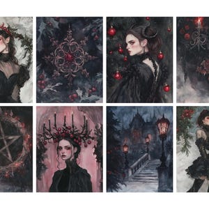 May include: A collection of eight watercolor illustrations with a gothic theme. The images feature portraits of women, decorative ornaments, and a dark, wintery landscape. The color palette includes black, red, and gray tones.