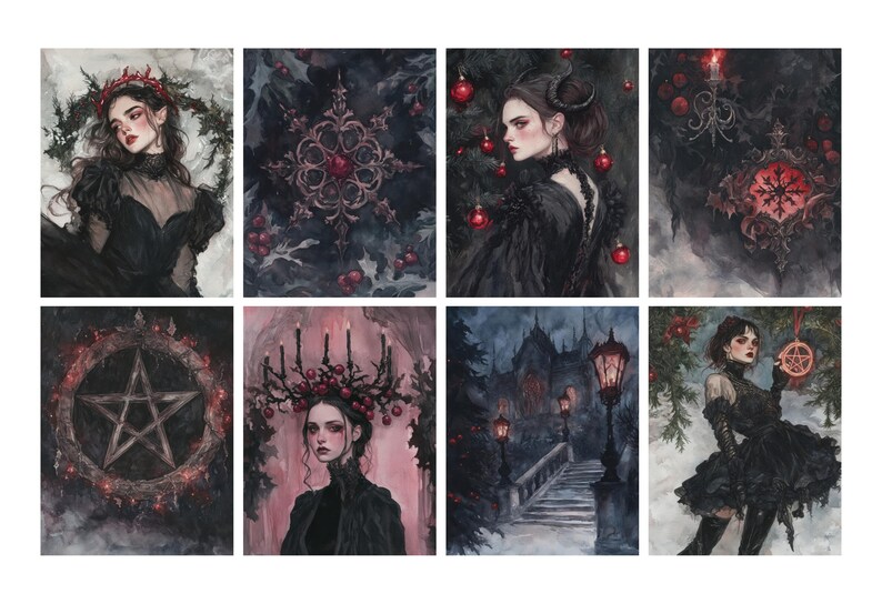 May include: A collection of eight watercolor illustrations with a gothic theme. The images feature portraits of women, decorative ornaments, and a dark, wintery landscape. The color palette includes black, red, and gray tones.