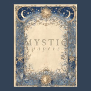 May include: A decorative paper with a celestial design. The border features moons, stars, and suns in gold and blue. The text "MYSTIC papers" is printed in the center of the paper.
