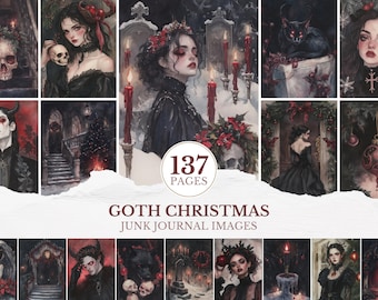 May include: A collection of watercolor illustrations with a gothic Christmas theme. The images feature portraits, skulls, candles, and dark, romantic imagery. The text "GOTH CHRISTMAS JUNK JOURNAL IMAGES" and "137 PAGES" are also visible.