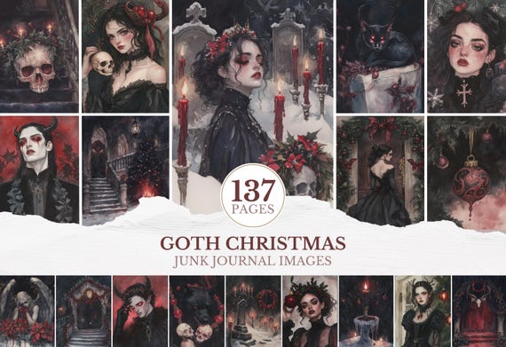 Gothic Christmas Junk Journal Images, Dark Holiday Ephemera Printable Moody Goth Christmas Journal Pages