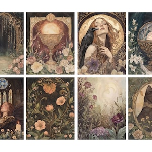 May include: A collection of eight watercolor art prints featuring mystical and botanical themes. Each print showcases detailed illustrations of scenes with flowers, figures, and ornate objects in a soft, muted color palette. The art evokes a sense of fantasy and enchantment.