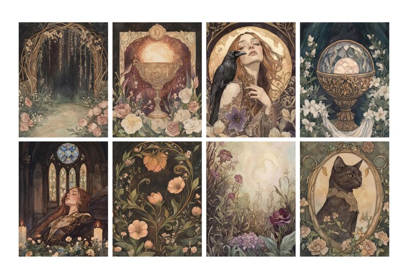 May include: A collection of eight watercolor art prints featuring mystical and botanical themes. Each print showcases detailed illustrations of scenes with flowers, figures, and ornate objects in a soft, muted color palette. The art evokes a sense of fantasy and enchantment.