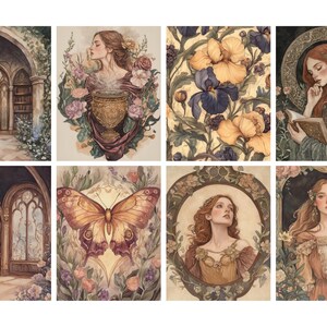 May include: A collection of eight watercolor art prints featuring fantasy and botanical themes. The prints depict scenes of women, butterflies, flowers, and architectural elements like arches and libraries. The color palette includes soft pastels and earth tones.