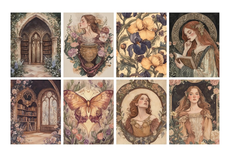 May include: A collection of eight watercolor art prints featuring fantasy and botanical themes. The prints depict scenes of women, butterflies, flowers, and architectural elements like arches and libraries. The color palette includes soft pastels and earth tones.