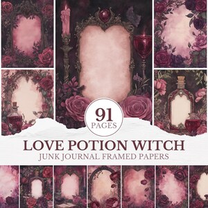 Può includere: Una collezione di 91 pagine di carte digitali per junk journal. Le carte presentano cornici ornate, rose, bottiglie di pozioni e candele nei toni del bordeaux, rosa e crema. Il testo "Love Potion Witch" è visibile.