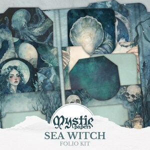 May include: A folio kit with a sea witch theme. The kit features illustrations of a seahorse, octopus, seashell, and a woman with long hair. The color palette includes shades of blue, teal, and white. The text "Mystic Papers" and "Sea Witch Folio Kit" are visible.