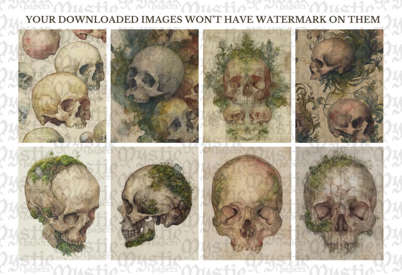 May include: A collage of eight watercolor illustrations of skulls. The skulls are depicted in various styles, some with moss and foliage, others with floral backgrounds. The text "YOUR DOWNLOADED IMAGES WON'T HAVE WATERMARK ON THEM" is at the top.
