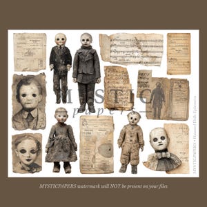 May include: A collage of vintage ephemera featuring antique dolls and aged paper elements. The dolls are depicted in various poses and attire, with a muted color palette. The paper elements include sheet music and aged documents.