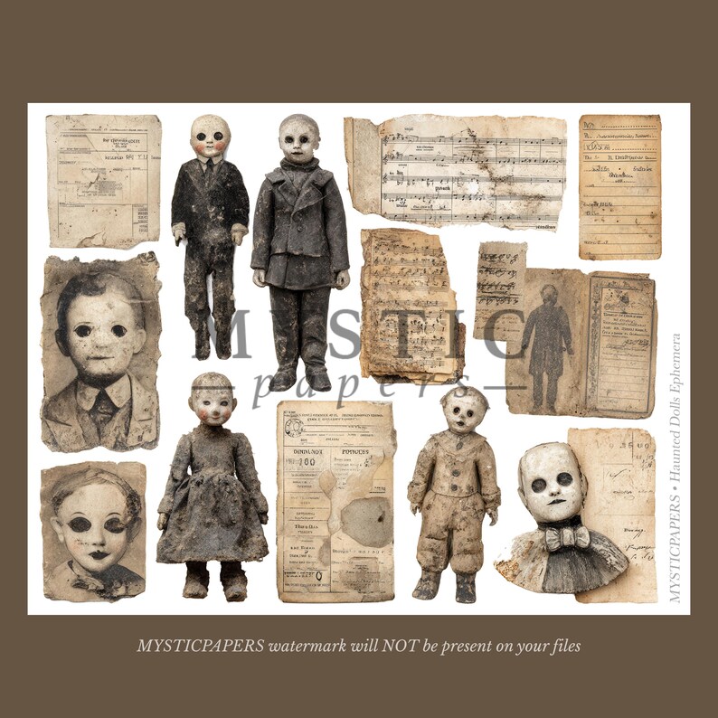 May include: A collage of vintage ephemera featuring antique dolls and aged paper elements. The dolls are depicted in various poses and attire, with a muted color palette. The paper elements include sheet music and aged documents.