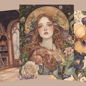 May include: Watercolor art prints featuring a woman with a floral halo, a library scene, and a floral pattern with irises. The prints have a vintage aesthetic with soft colors and botanical elements.