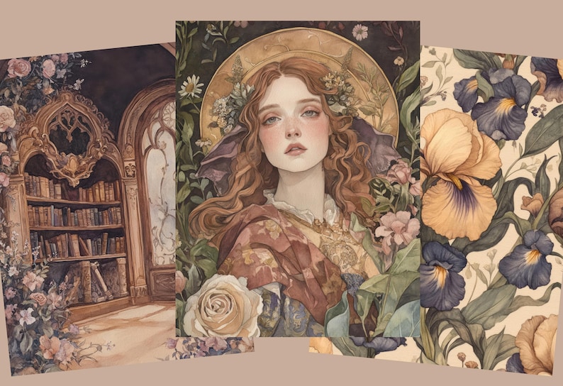 May include: Watercolor art prints featuring a woman with a floral halo, a library scene, and a floral pattern with irises. The prints have a vintage aesthetic with soft colors and botanical elements.