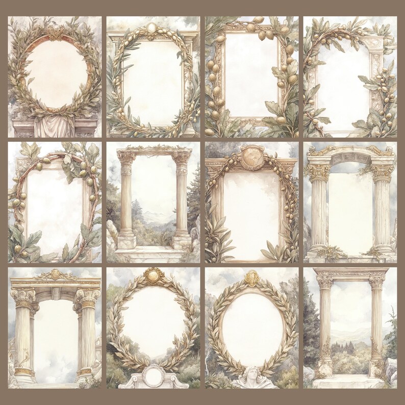 May include: A collection of twelve watercolor illustrations featuring classical architectural frames. Each frame is adorned with olive branches, laurel wreaths, and architectural details. The color palette includes beige, brown, and green tones, with a soft, painterly style. The frames are empty, ready for text or images.