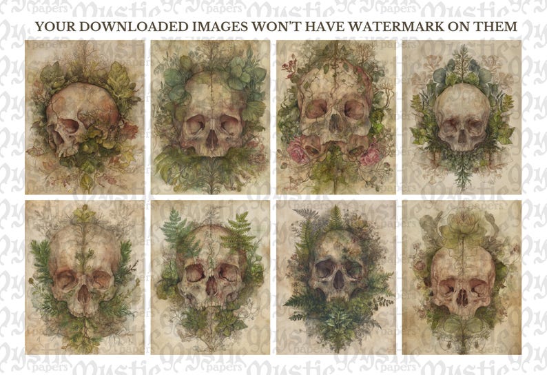 May include: A collection of eight vintage-style prints featuring skull illustrations surrounded by botanical elements. The skulls are depicted in a realistic style, with detailed bone structure and shading. The prints have a muted color palette with a distressed paper background.