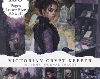 May include: Victorian Crypt Keeper junk journal images. The image features a woman in a black dress and a graveyard scene. The journal has 160 pages and is letter size, 8.5 x 11 inches.