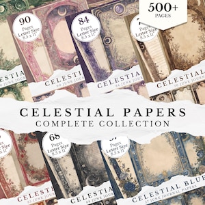 May include: A collection of celestial-themed papers, featuring various designs with floral and moon illustrations. Each paper pack is labeled with the number of pages and size 8.5 x 11 inches. The text "CELESTIAL PAPERS COMPLETE COLLECTION" is displayed.