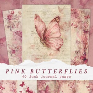 Páginas de diario basura con mariposas rosas estilo shabby chic, efímeras de mariposas vintage, papel floral imprimible, álbum de recortes romántico, hojas digitales en tonos pastel