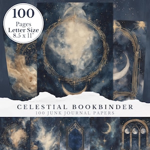Può includere: Carte da diario spazzatura per rilegatori celesti. L'immagine mostra una collezione di 100 pagine in formato lettera di 21,6 x 27,9 cm. Le carte presentano un design celeste con lune, stelle e cornici dorate ornate su sfondo blu scuro.