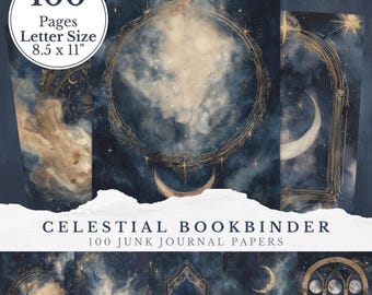 Celestial Bookbinder Junk Journal Insert Lined Paper, Watercolor Moon Cosmic Witch Junkjournal Printable Pages, Galaxy Digital Scrapbook