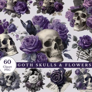Paarse bloemen Goth Skull clipartbundel gotische vintage Victoriaanse Halloween png transparante achtergrond digitale ongewenste dagboek sticker kortstondige