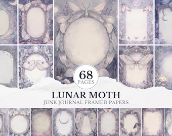 Lunar Moth Junk Journal Papers, Moon Witch Framed Pages, Pastel Fairy Scrapbook Printable, Ethereal Moth Witch Stationery Moonlit Scrapbook