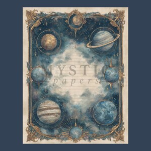 May include: A celestial-themed paper with a dark blue background and a decorative gold border. The design features illustrations of planets and the text "MYSTI papers" in the center. The paper has lined sections for writing.